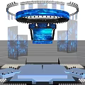 Night Illuminated Architectural Structure With Blue Radial Beams And Firework Decorations