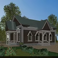 Detached Villa with Green Metal Roof Brown Beige Exterior and Arched Windows Surrounded by Trees