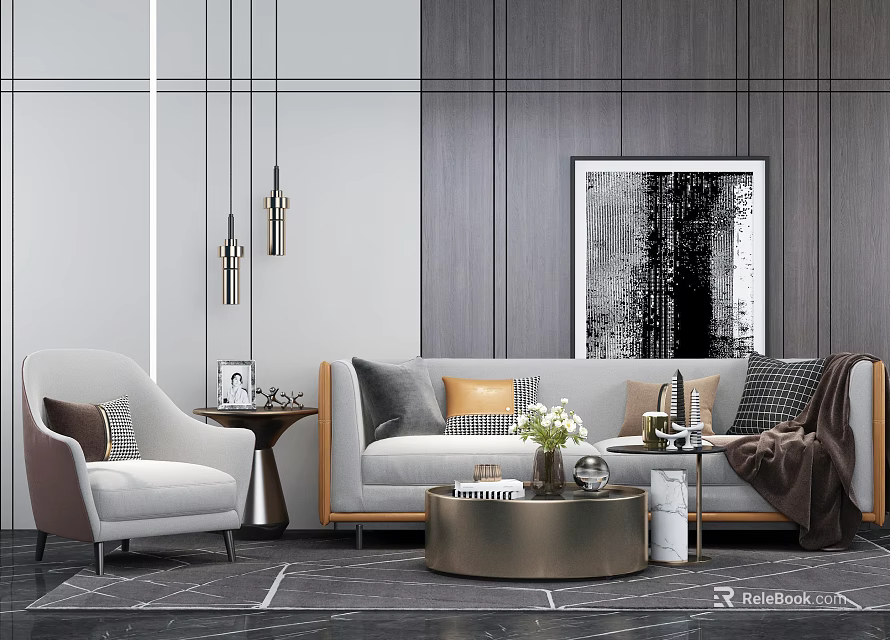 Modern Sofa Coffee Table Set With Cushions Round Metallic Design Abstract Wall Art 3d model 