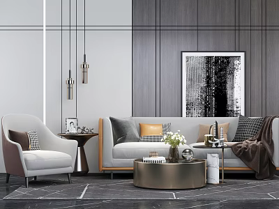 Modern Sofa Coffee Table Set With Cushions Round Metallic Design Abstract Wall Art 3d model