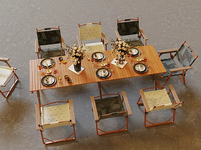 Outdoor Wooden Table With Matching Chairs Dinnerware And Decorative Flower Arrangements 3d model