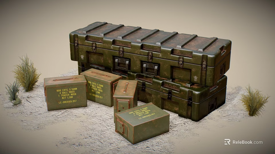 Rustic Green Military Weapon Storage Cases With Yellow Labeling Stacked And Scattered On Sandy Ground 3d model 
