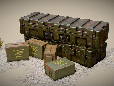 Rustic Green Military Weapon Storage Cases With Yellow Labeling Stacked And Scattered On Sandy Ground 3d model