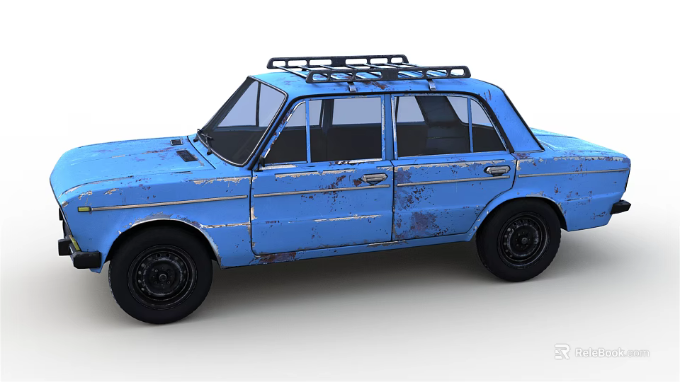 Blue Vintage Sedan Car With Rustic Exterior And Roof Rack Design 3d model 