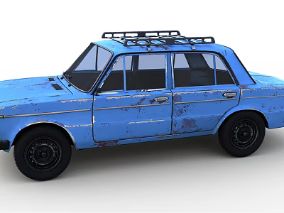 Blue Vintage Sedan Car With Rustic Exterior And Roof Rack Design 3d model