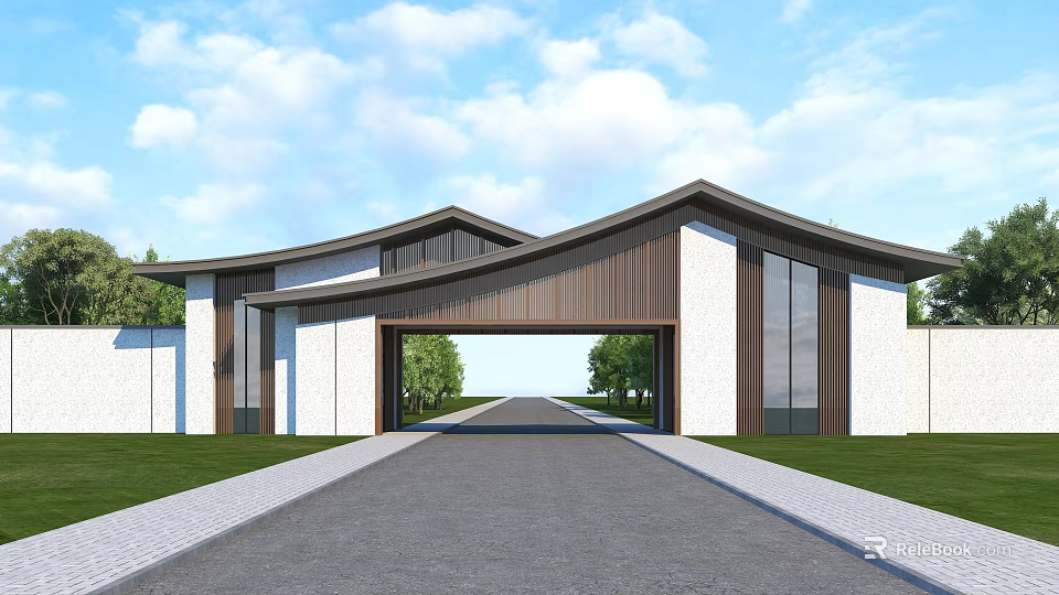 Modern Entrance Gate Design With Curved Roof Wooden Stone Walls And Green Plants Driveway 3d model 