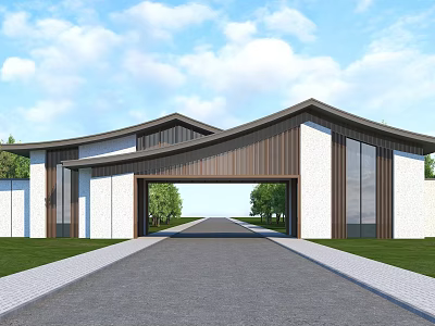 Modern Entrance Gate Design With Curved Roof Wooden Stone Walls And Green Plants Driveway 3d model