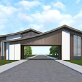 Modern Entrance Gate Design With Curved Roof Wooden Stone Walls And Green Plants Driveway