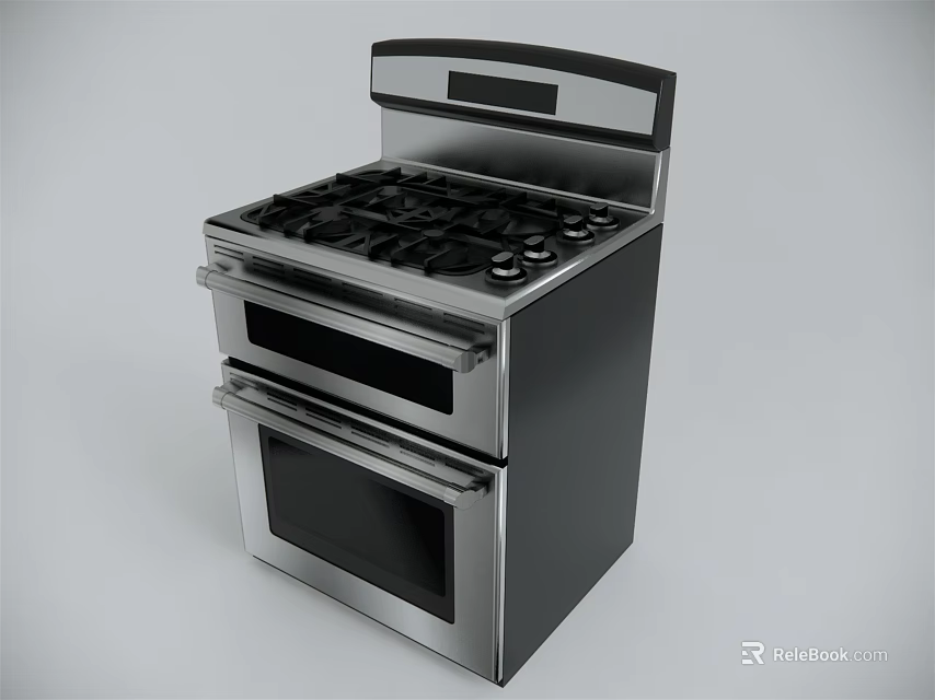 Modern Stainless Steel Gas Stove With Double Oven And Control Panel Kitchen Appliance 3d model 