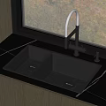 Black Double Bowl Kitchen Sink with White Faucet on Countertop and Natural Light