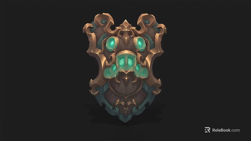 Ornate Fantasy Shield With Intricate Metal Carvings And Green Glowing Gems 3d model 