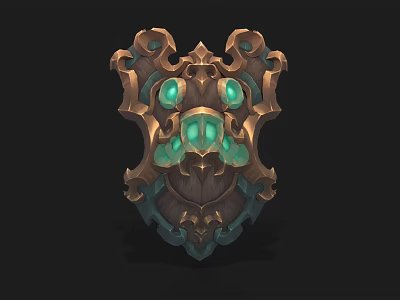 Ornate Fantasy Shield With Intricate Metal Carvings And Green Glowing Gems 3d model