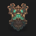 Ornate Fantasy Shield With Intricate Metal Carvings And Green Glowing Gems
