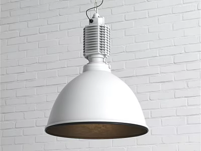 Modern White Dome Shaped Pendant Light Hanging On White Brick Wall Interior 3d model