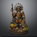 Native American Statue With Feathered Headdress Spear Leopard And Fruit Basket