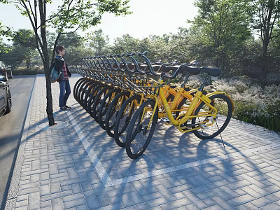 Yellow Shared Bikes Parked Along Roadside With Trees Brick Pavement And Person Standing Nearby 3d model