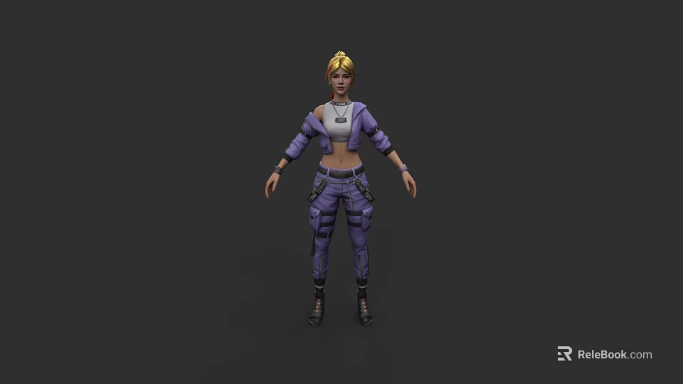 Stylish Game Movie Character With Blonde Short Hair And Purple Utility Outfit 3d model 