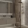 Modern Bathroom Interior Design With Marble Walls Large Mirror White Vanity And Shower Toiletries