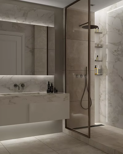 Modern Bathroom Interior Design With Marble Walls Large Mirror White Vanity And Shower Toiletries 3d model