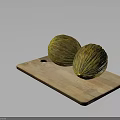 Two Fresh Yellow Green Striped Melons Placed on a Wooden Cutting Board