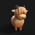 Cute Cartoon Highland Cow Figurine With Fluffy Brown Mane And Black Horns