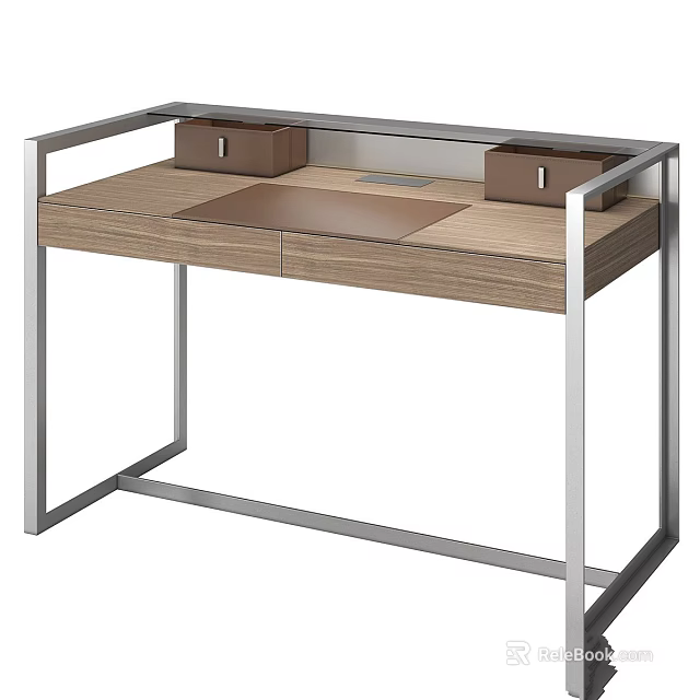 Modern Office Desk With Wooden Top And Metal Frame Drawers Compartments 3d model 