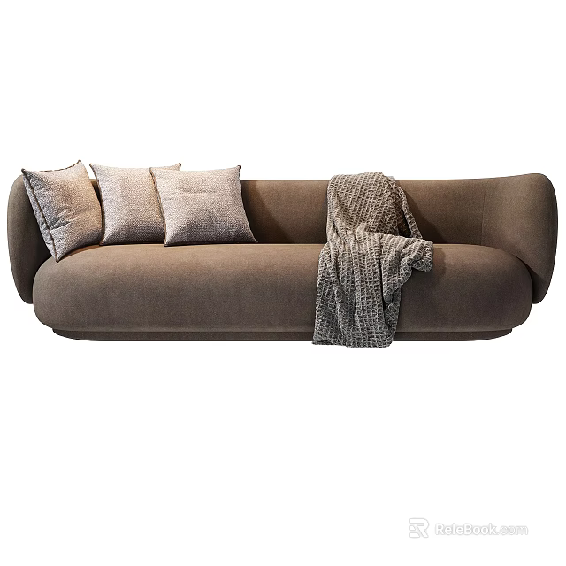 Comfortable Brown Three-Seater Sofa With Soft Cushions And Throw Blanket 3d model
