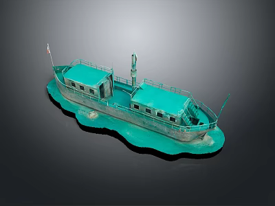 Turquoise Model Ship With Small Flag Windows And Wavy Base On Dark Background 3d model