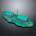 Turquoise Model Ship With Small Flag Windows And Wavy Base On Dark Background