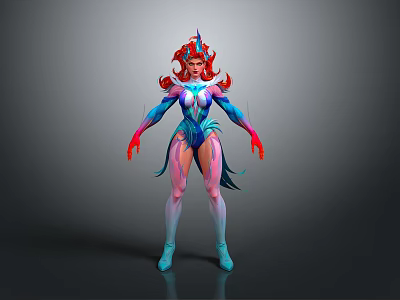 Fantasy Female Character With Red Hair Blue Pink Outfit And Ornamental Headpiece 3d model
