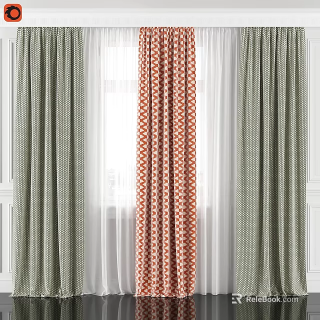 Green Checkered Curtains With White Sheer And Orange Patterned Design For Home Window 3d model 
