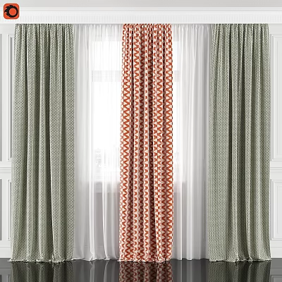 Green Checkered Curtains With White Sheer And Orange Patterned Design For Home Window 3d model