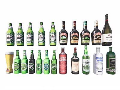 Collection of Various Wine and Beer Bottles in Different Colors with Glass 3d model