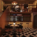 Cozy Bar Interior With Wooden Counter High Stools Hanging Lights And Guitar Decor