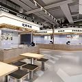 Modern Food Court Interior With Seating Area Bright Lighting And Counter Layout
