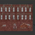 Red Ancient Building Featuring Multi story Windows Gray Roof Graffiti Green Doors And Black Awnings