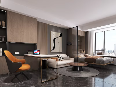 Modern Apartment Interior With Workspace Living Area And City View 3d model