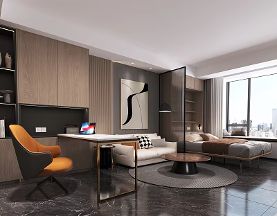 Modern Apartment Interior With Workspace Living Area And City View 3d model