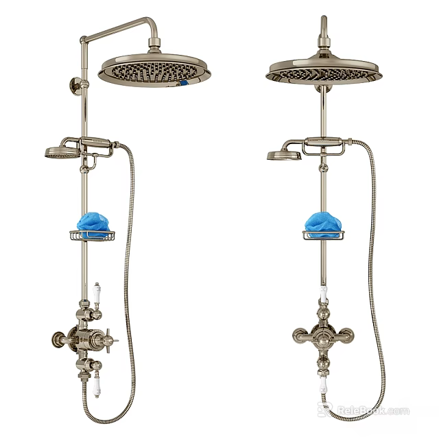 Traditional Brass Shower Faucet with Dual Heads and Handheld Shower 3d model 