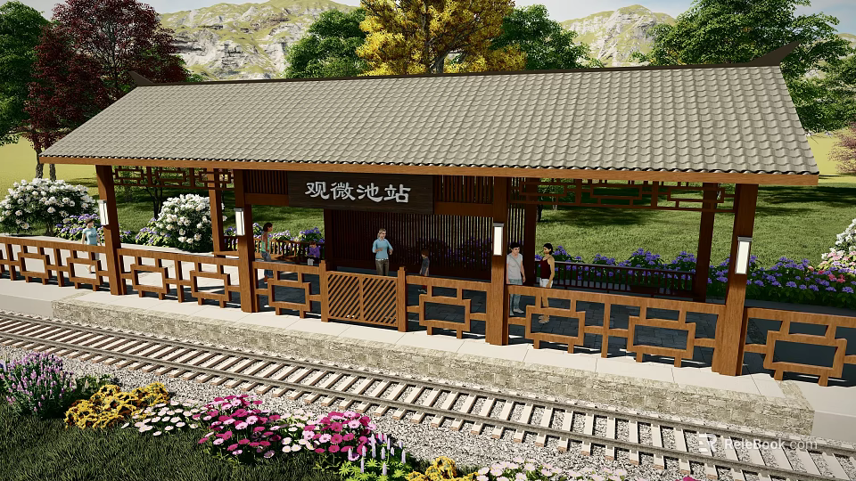 Traditional Roofed Railway Station With Platform Green Plants And People 3d model 