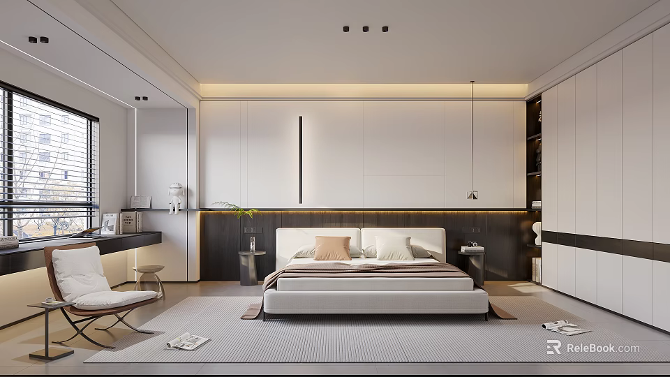 Modern Bedroom Interior With Platform Bed Nightstands Pendant Light Green Plant And Area Rug 3d model 