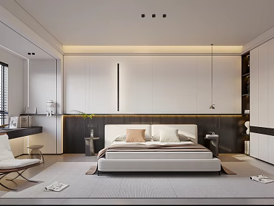 Modern Bedroom Interior With Platform Bed Nightstands Pendant Light Green Plant And Area Rug 3d model