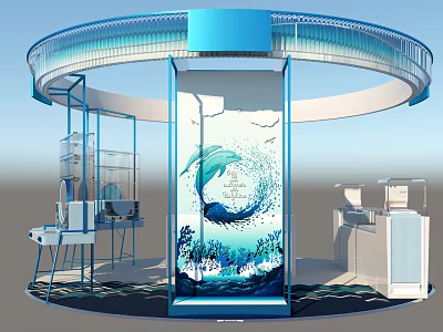 Blue Themed Round Specialty Store with Dolphin Ocean Design and Display Cabinets 3d model