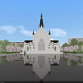 Classic European Architecture With Spire Large Windows And Cherry Blossom Reflection In Water