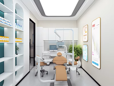 Dental Clinic Treatment Room With Dental Chair Medical Equipment White Cabinets And Green Plants 3d model