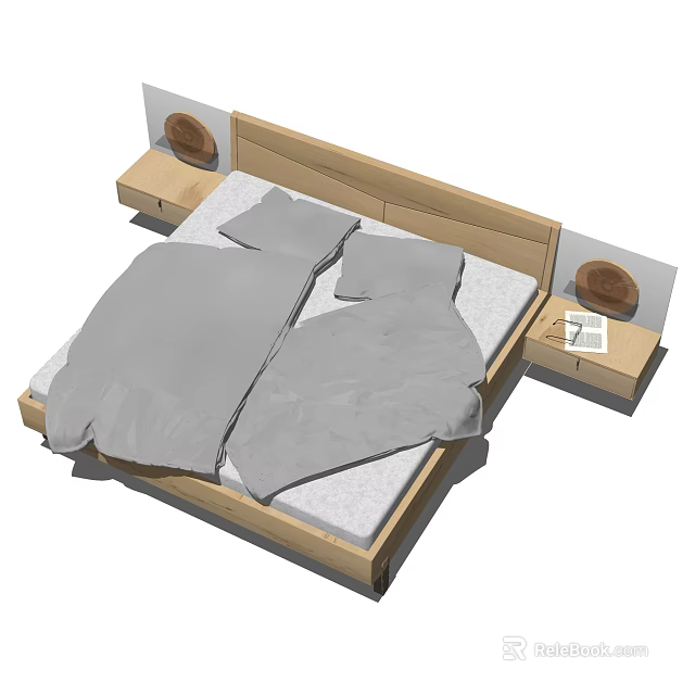 Modern Double Bed with Wooden Headboard Nightstands and Gray Bedding in Bedroom 3d model 