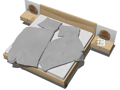 Modern Double Bed with Wooden Headboard Nightstands and Gray Bedding in Bedroom 3d model