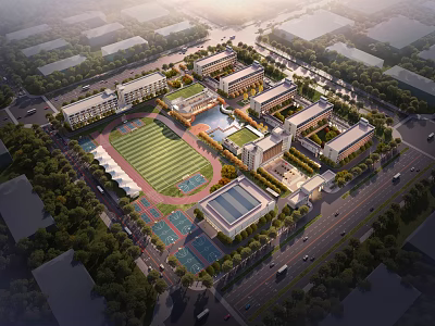 School Campus Buildings with Aerial View Featuring Sports Field Running Track Greenery and Roads 3d model