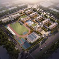 School Campus Buildings with Aerial View Featuring Sports Field Running Track Greenery and Roads