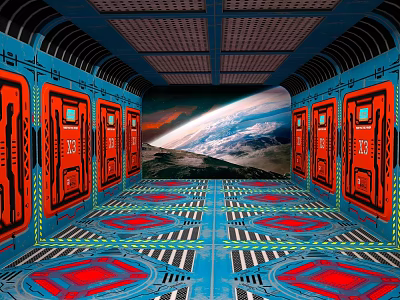 Futuristic Corridor Interior With Blue Walls Red Doors And Distant Space Landscape View 3d model